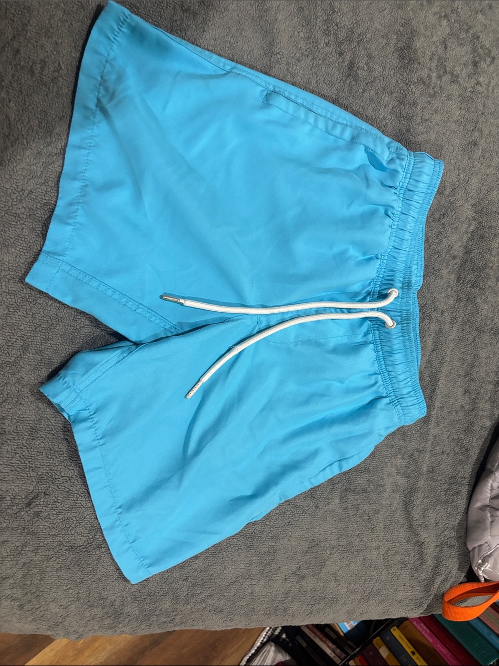 Kids Bright Blue Elastic Waist Swim Trunks with White Drawstring